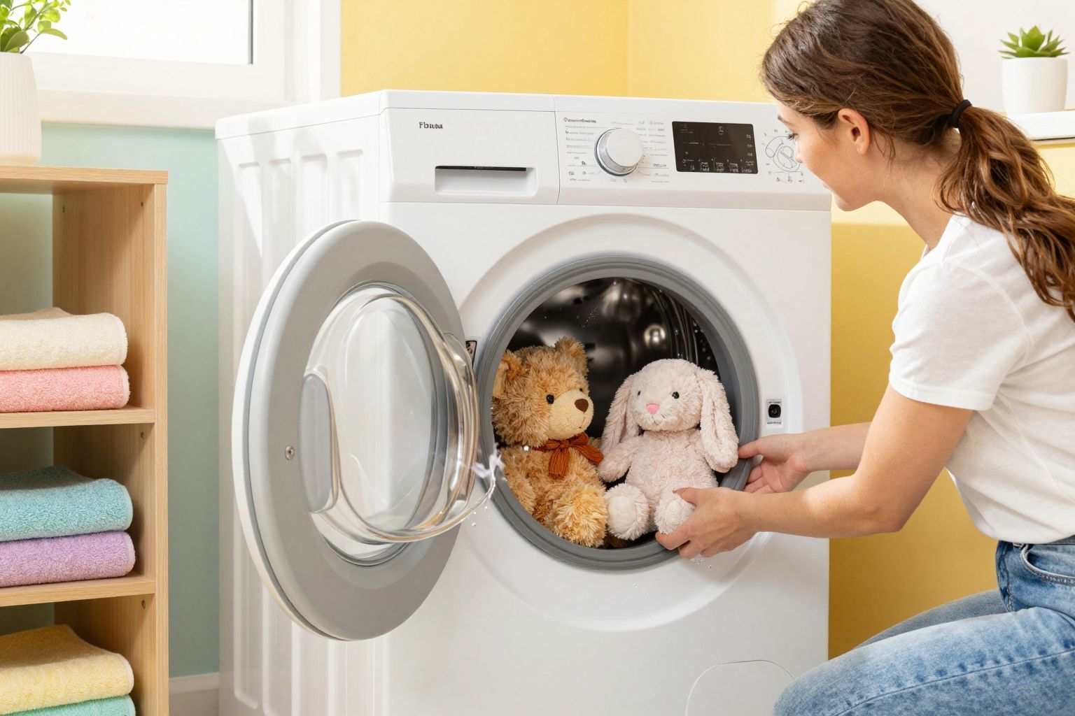 A gépi mosás kíméli a plüssállatok anyagát.