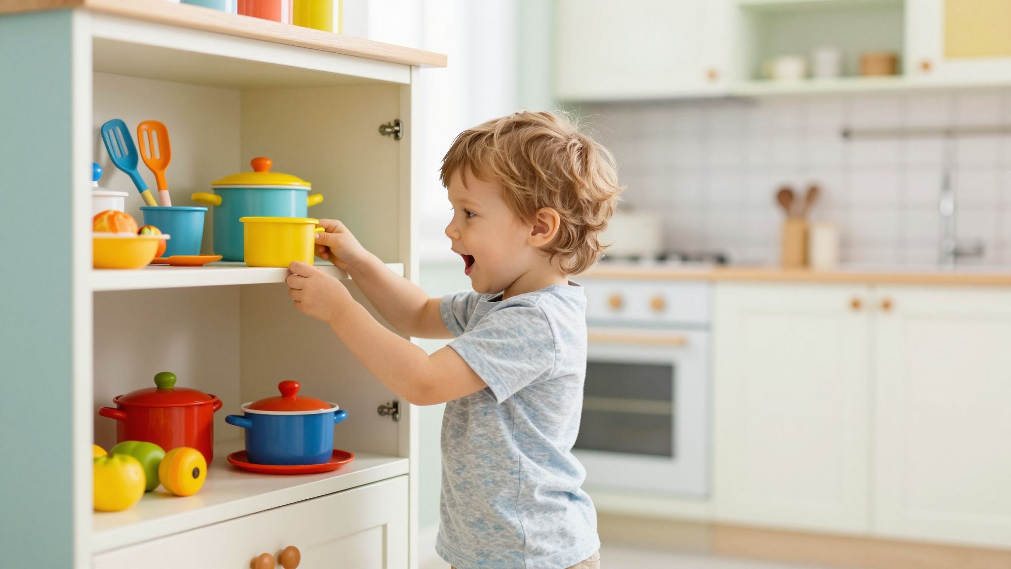 A konyhaszekrény felfedezése ösztönzi a kreatív játékot.