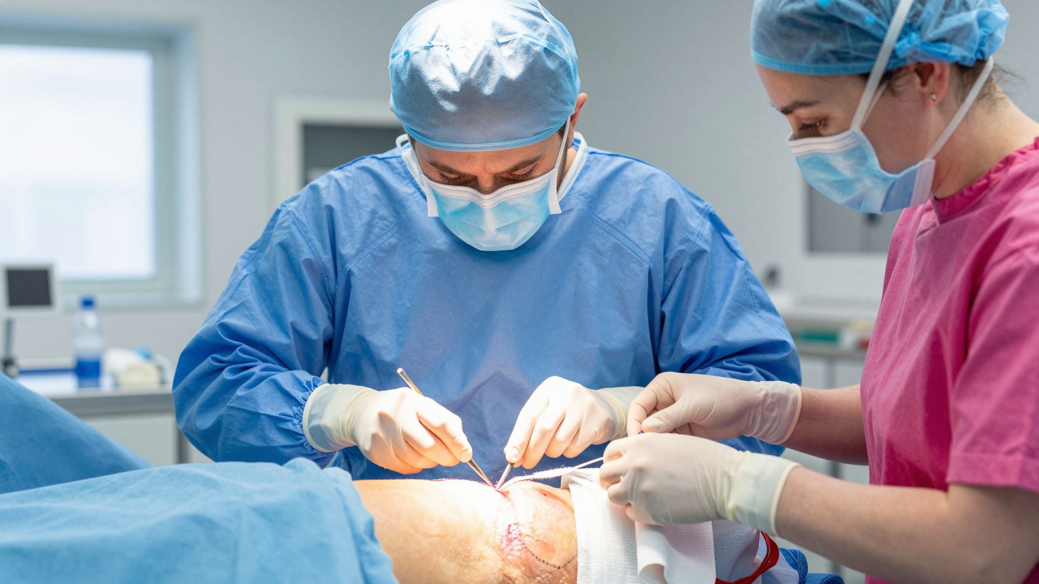 A bőrfelszín zárása során varratokat alkalmaznak a gyógyuláshoz.