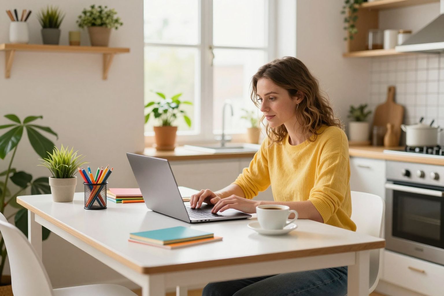 A konyhaasztal rugalmas munkakörnyezetet teremt a home office-ban.