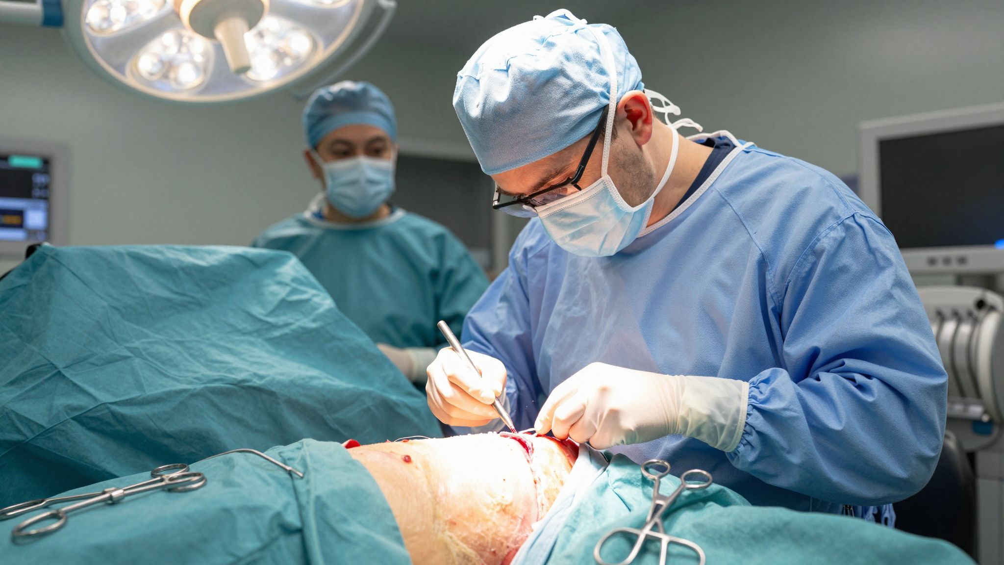 A bőr, zsír és izom rétegeinek óvatos szétválasztása szükséges.