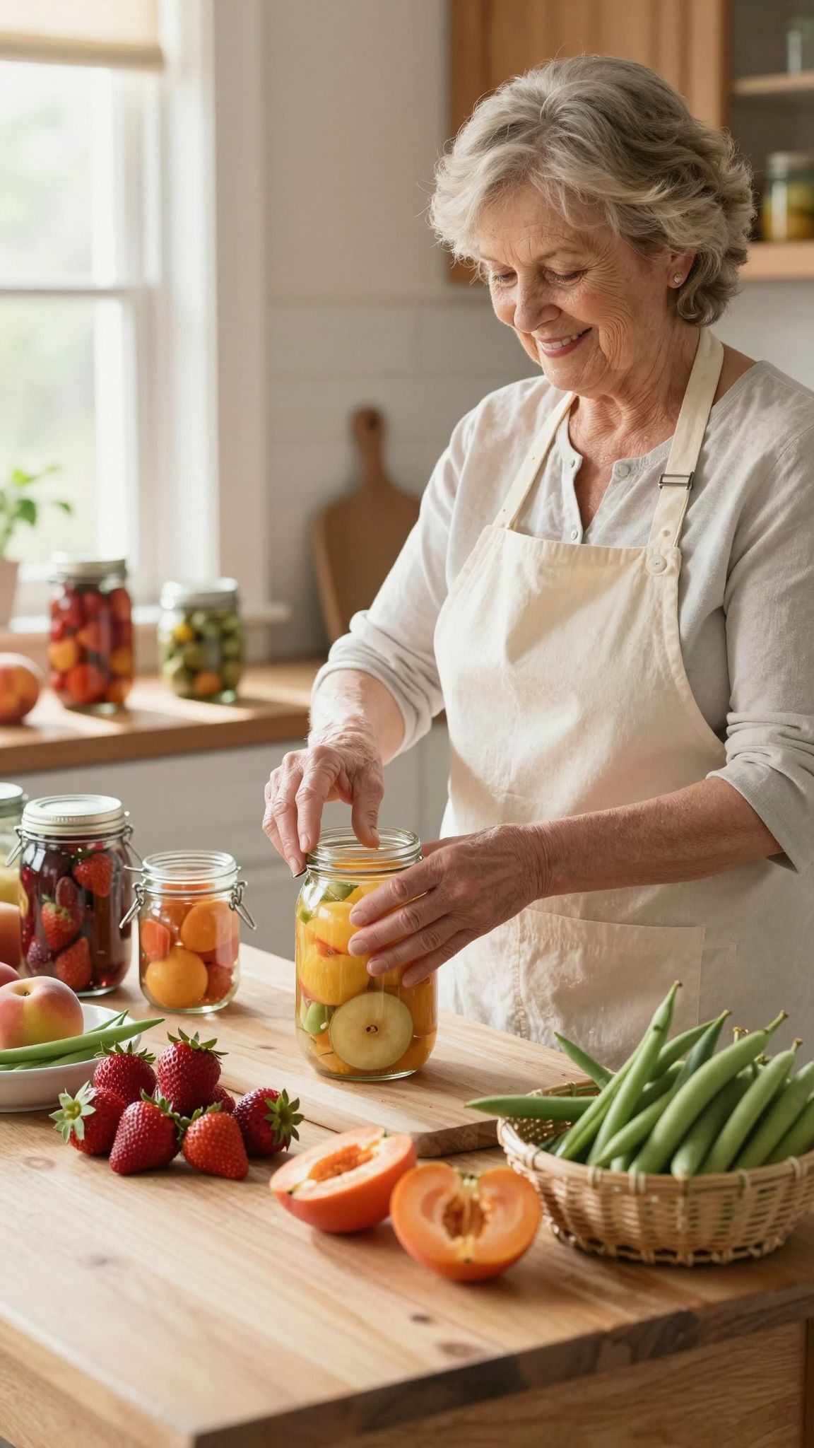 A nagyi praktikái ízzel és szeretettel fűszerezik a befőttet.