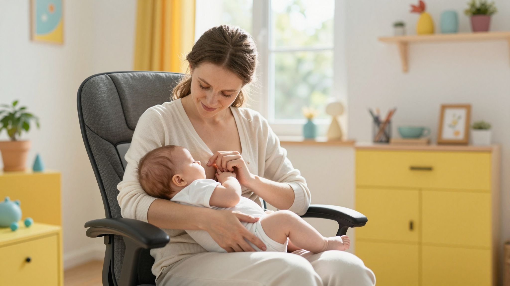 Az ergonomikus pozíció csökkenti a hátfájást szoptatáskor.