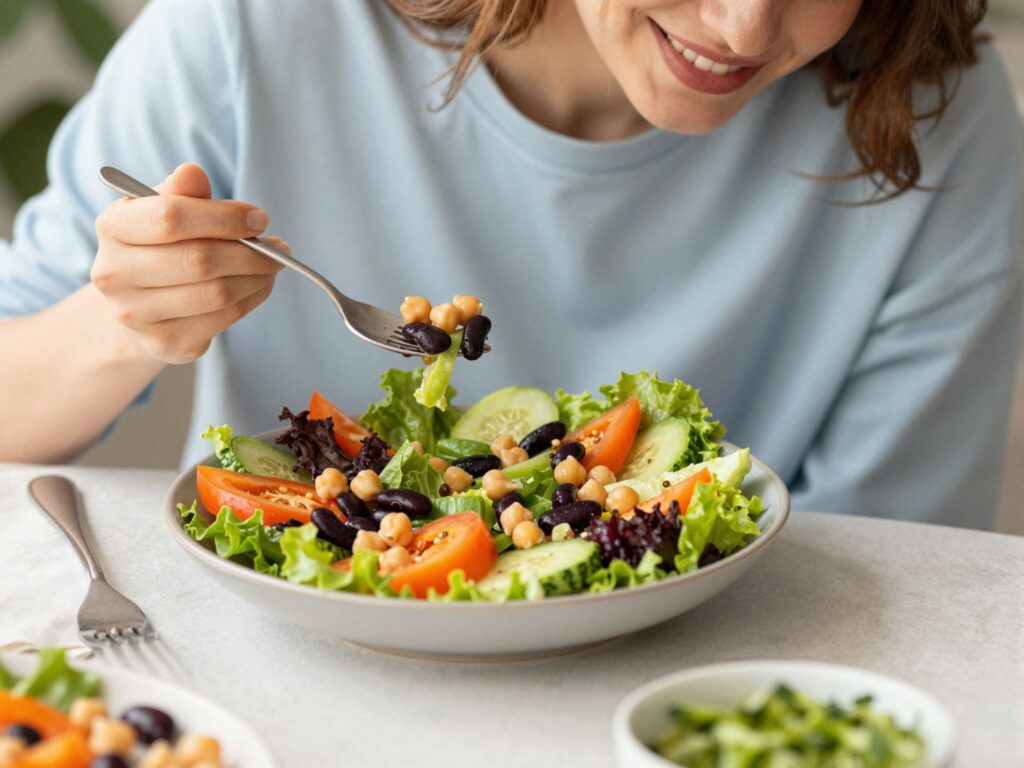 Egy laktató és egészséges saláta ebédre: babos-csicseriborsós recept színes zöldségekkel