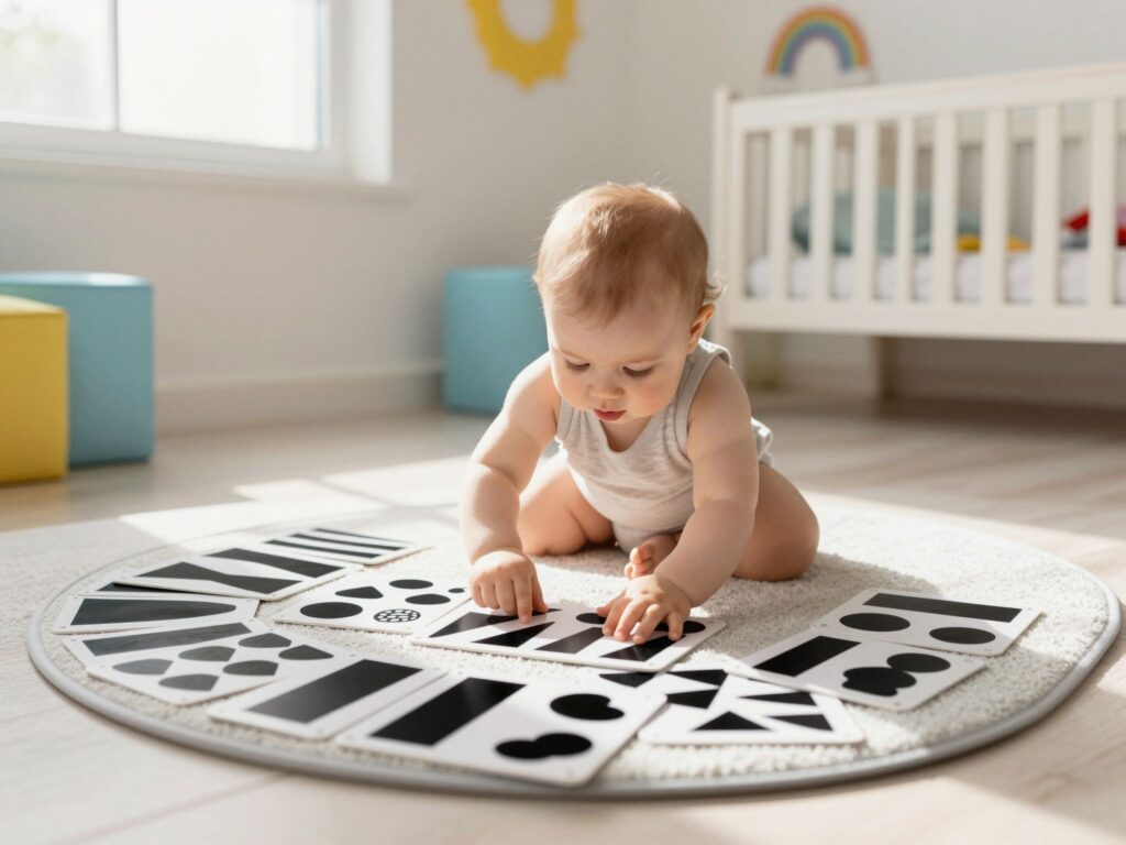 Fekete-fehér ábrák a babaszobában: Miért hasznosak a babageometria kártyák?