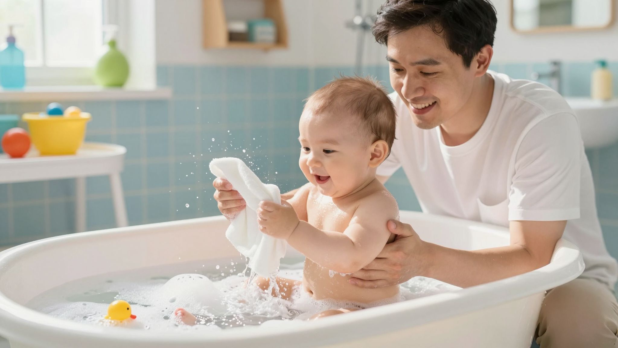 Közös fürdés erősíti az apai és babai köteléket.