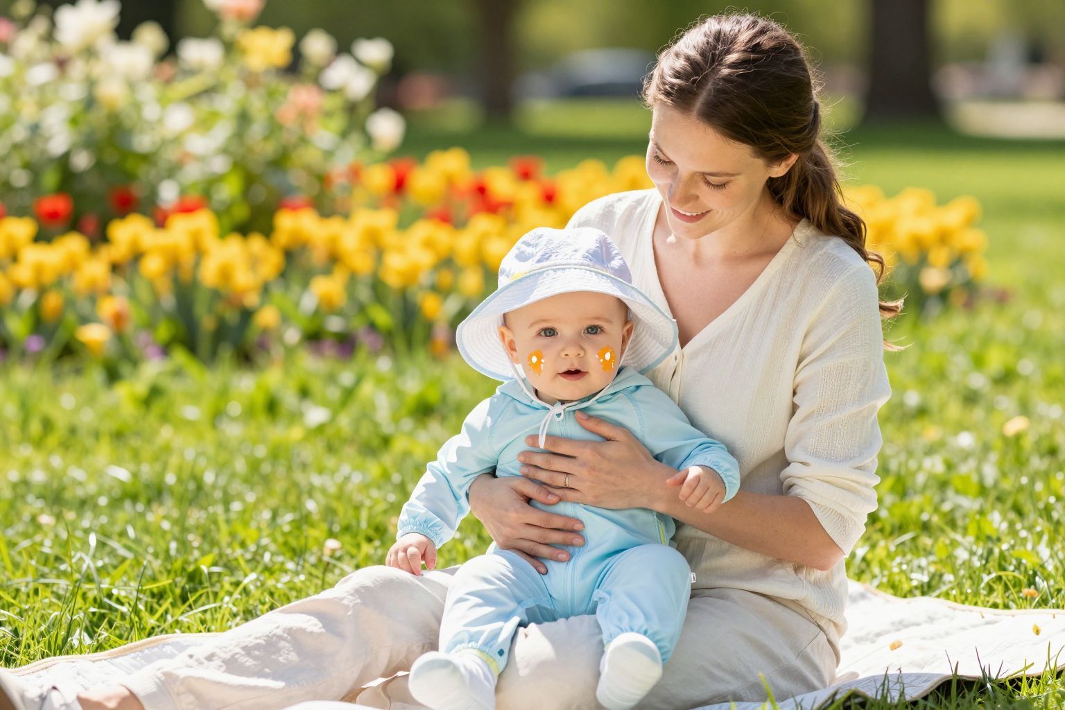 A megfelelő ruházat véd az UV-sugaraktól csecsemőknél.
