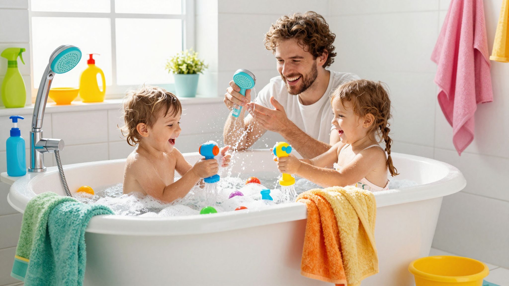 A színes játékok növelik a fürdés élményét és szórakozását.