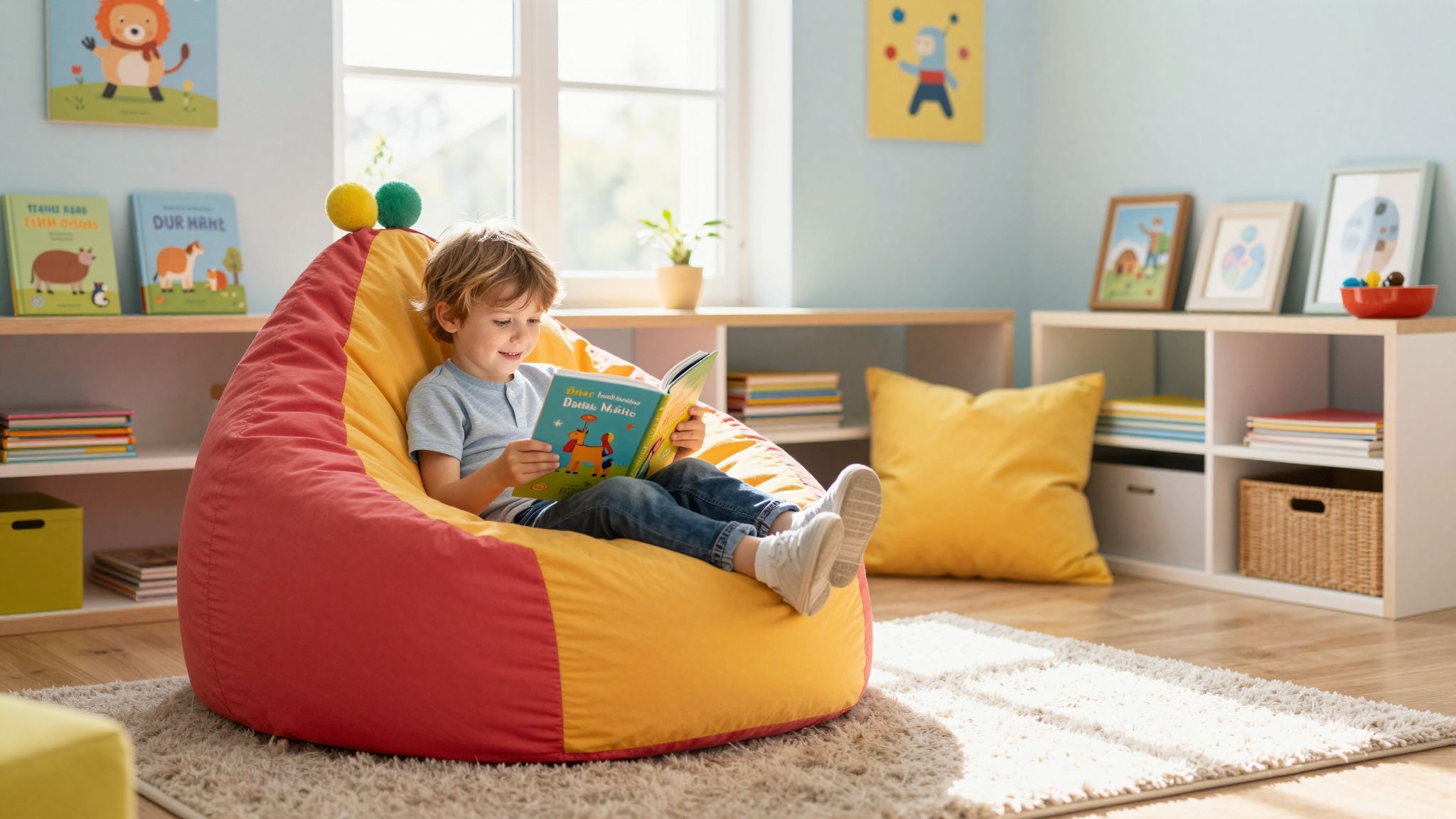 A babzsákfotel kényelmes és biztonságos hely az olvasáshoz.