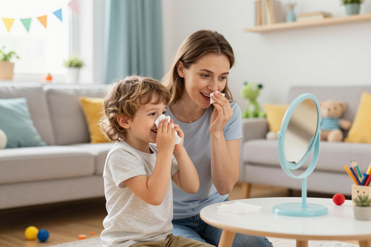 A tükör segít a gyermeknek az orrfújás gyakorlásában.
