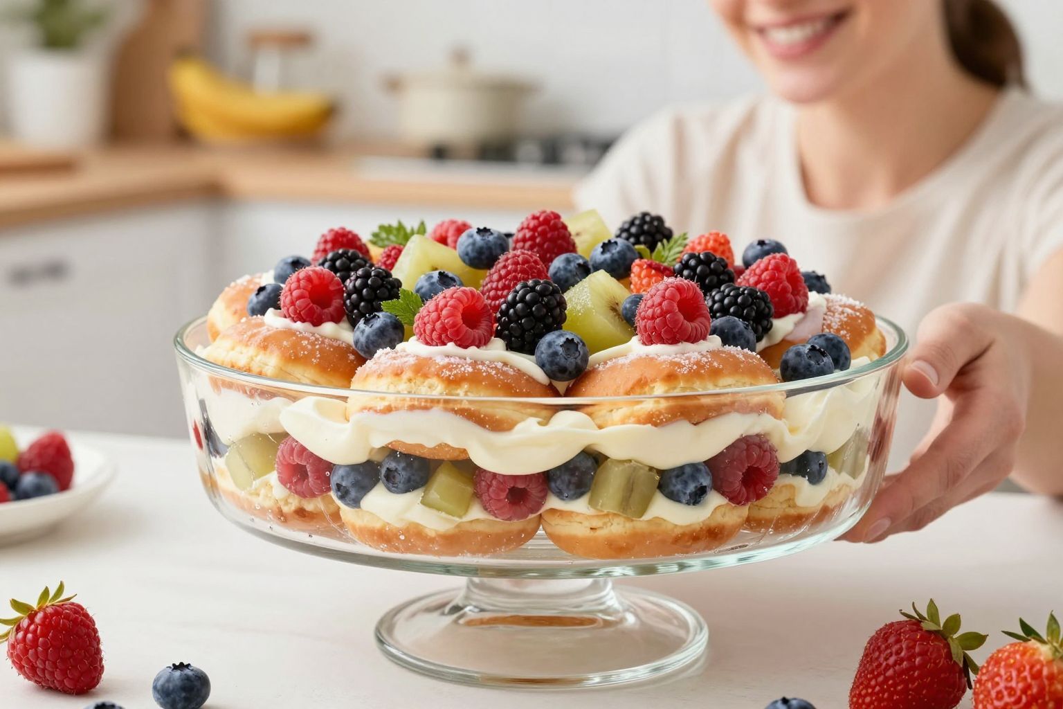 Rétegezett trifle fánkkal és erdei gyümölcsökkel: ínycsiklandó!