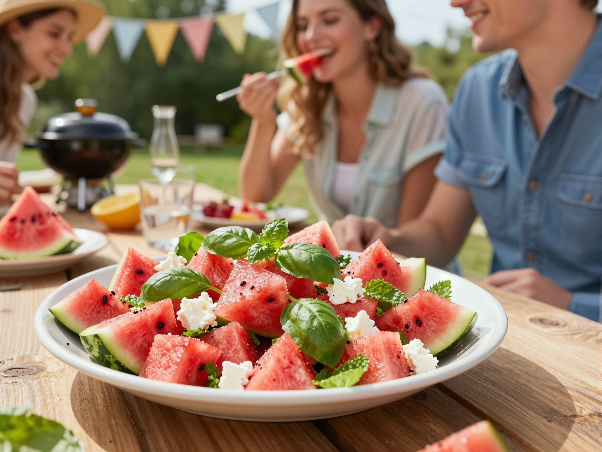 A friss zöldfűszerek fokozzák a görögdinnyés saláta ízét.
