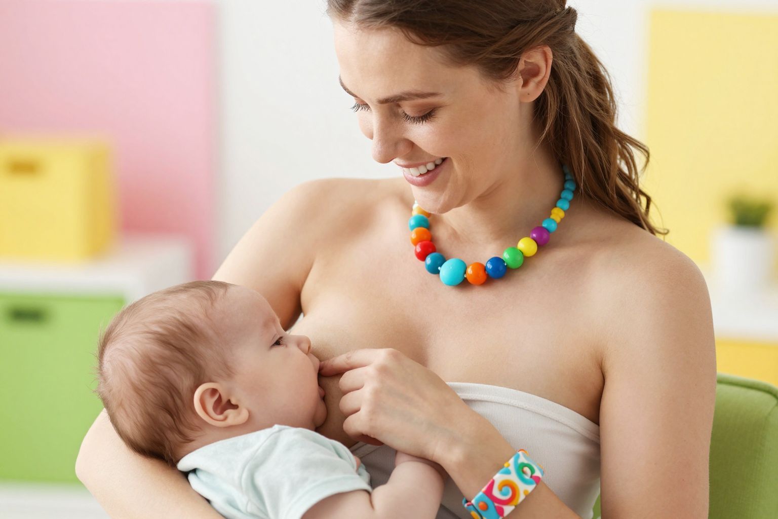 A rágcsálható nyaklánc megnyugtatja a babát szoptatás közben.