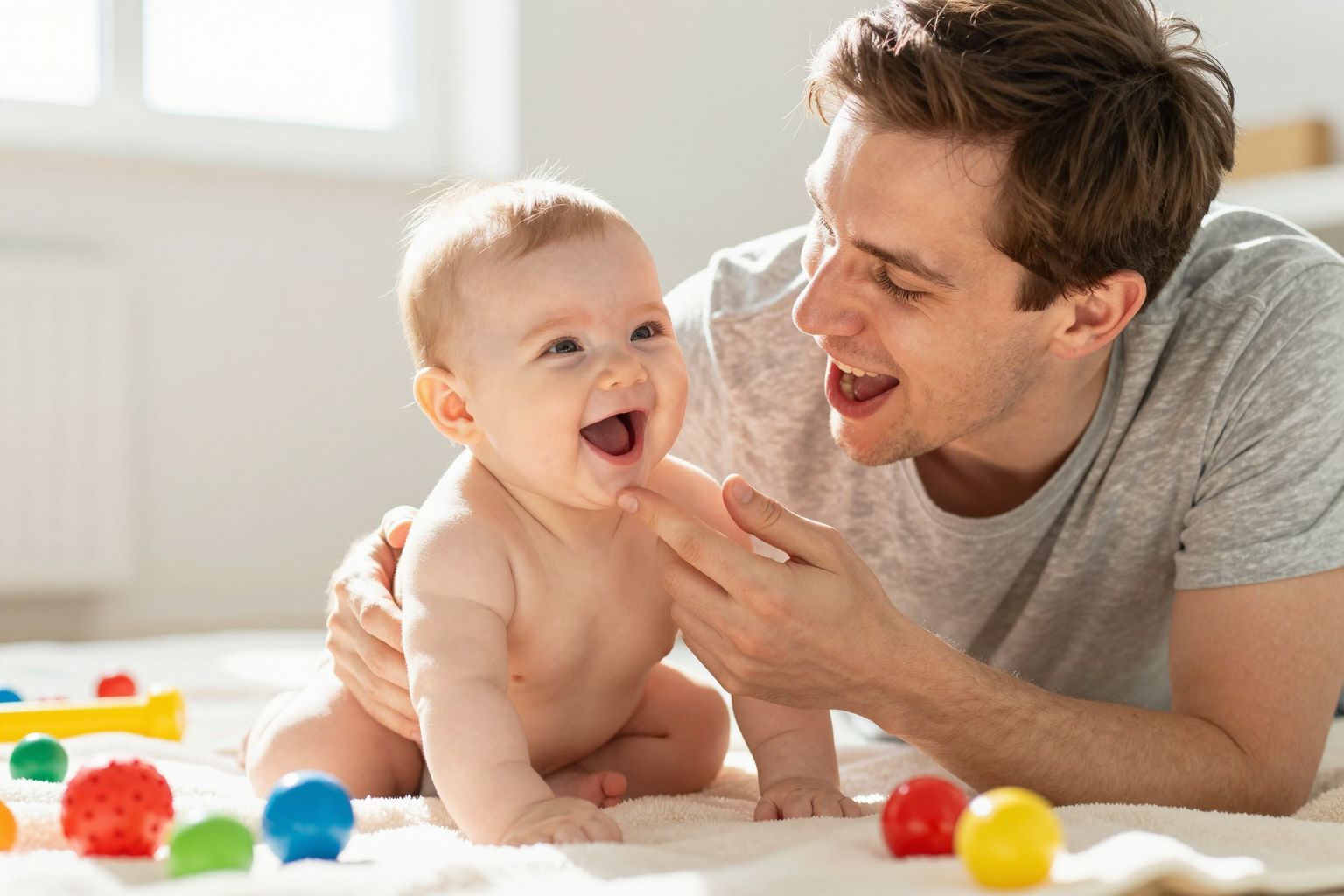 A játék és az arckifejezések segítenek a baba mosolyában.