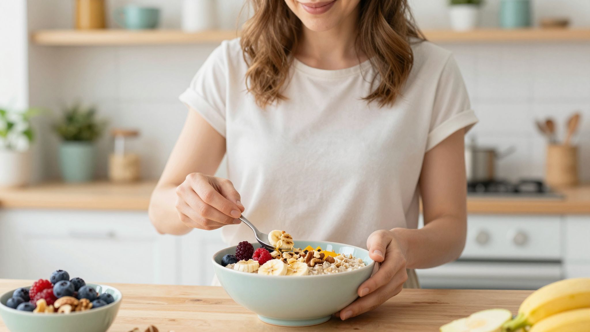 Friss gyümölcsök és magvak gazdagítják a zabkásánkat.