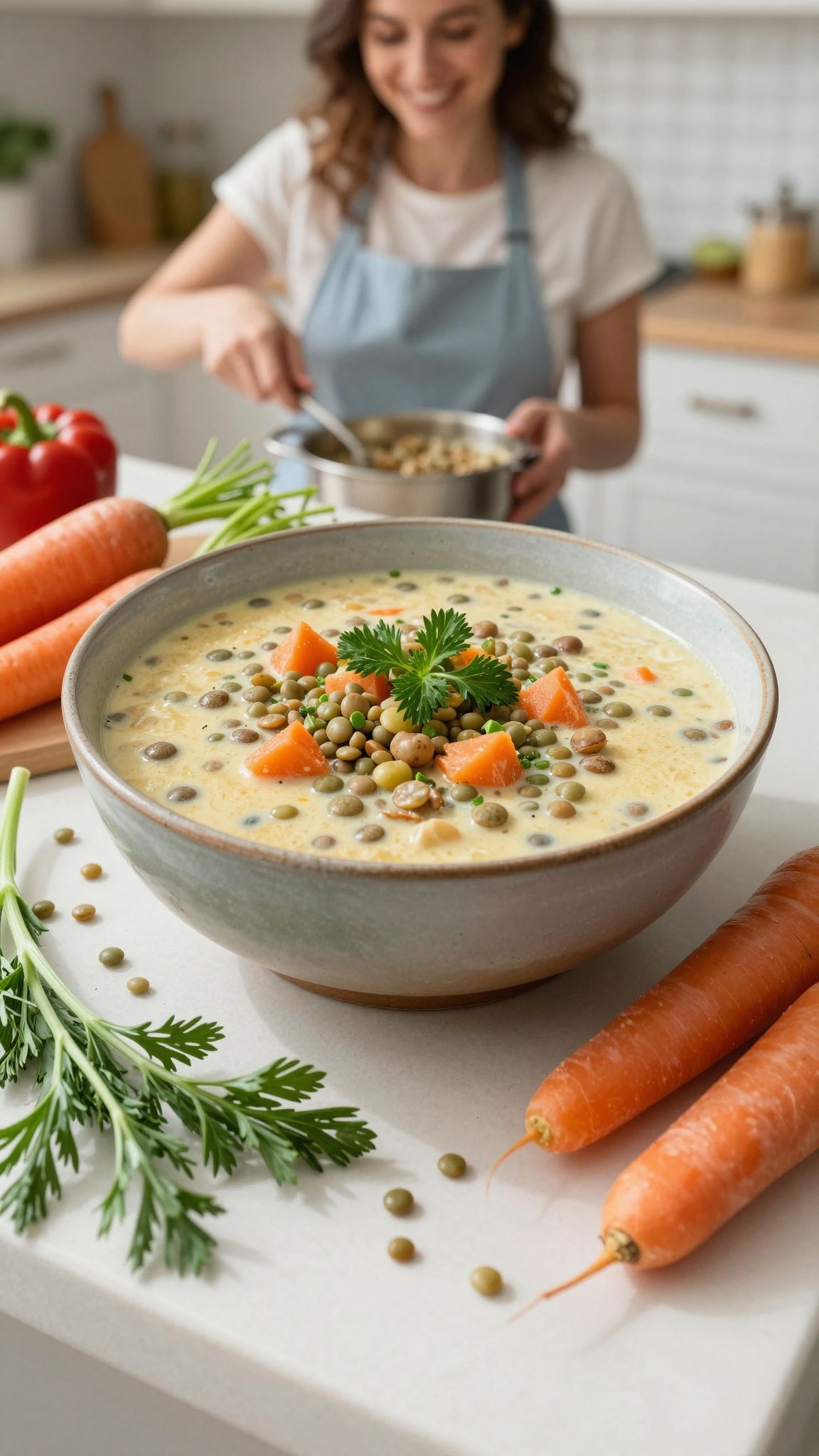 A vegán lencsefőzelék selymességét a zöldségekkel érjük el.