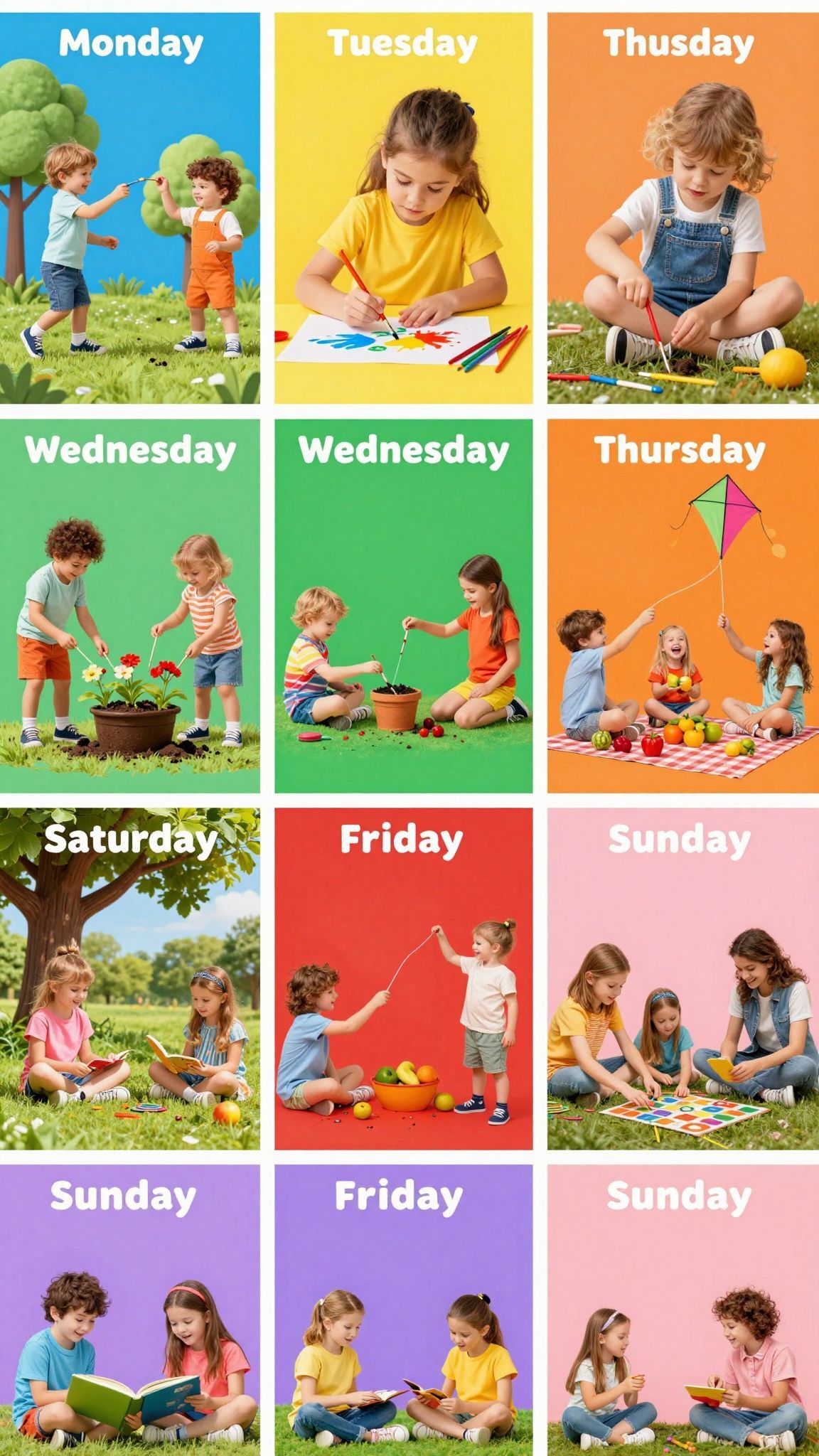 A hét napjai különböző színekhez kapcsolódnak a tanulásban.