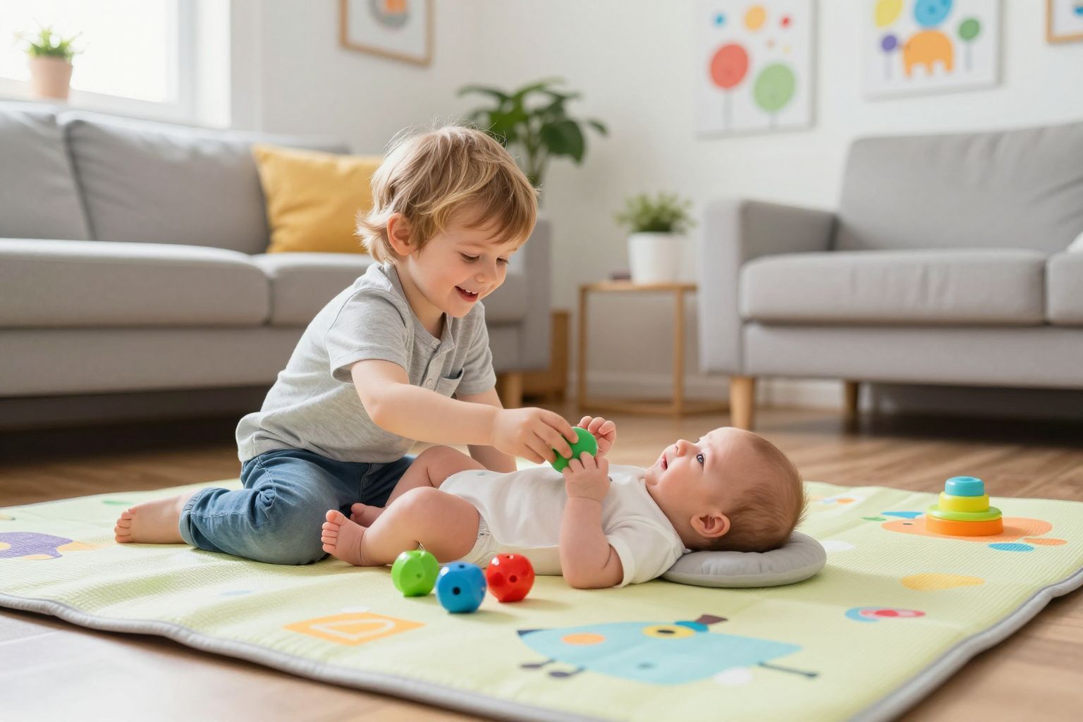 A testvér segíthet a baba játékainak felfedezésében.