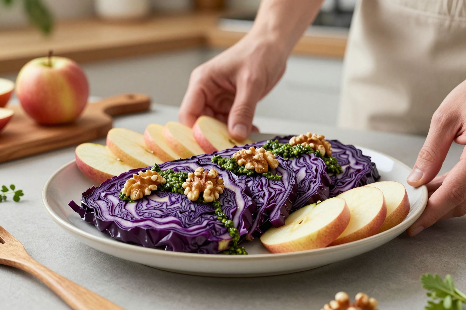 A diós pesztó gazdag ízvilágot ad a káposztának.