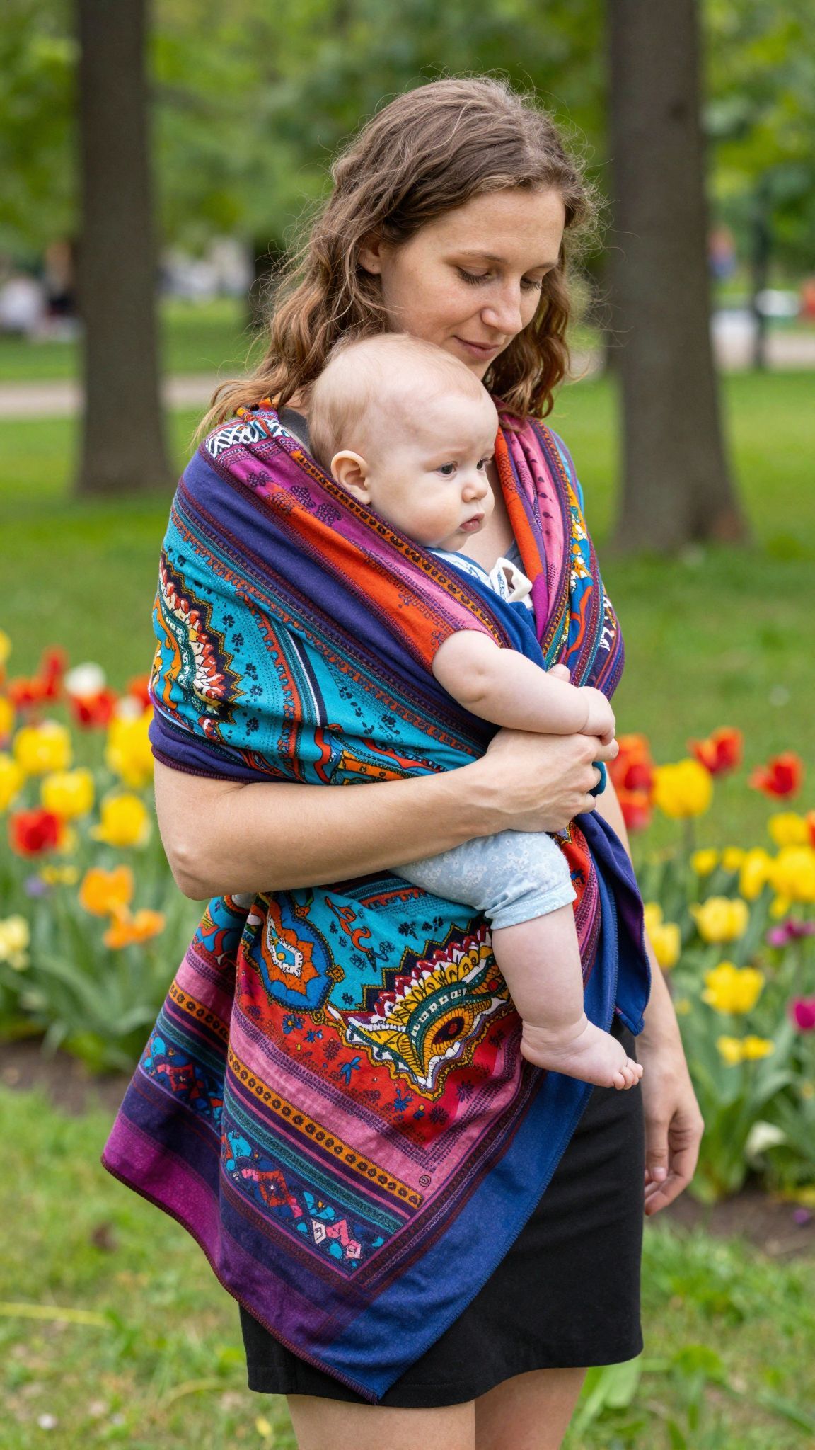 A karikás kendő gyors és kényelmes hordozást biztosít.