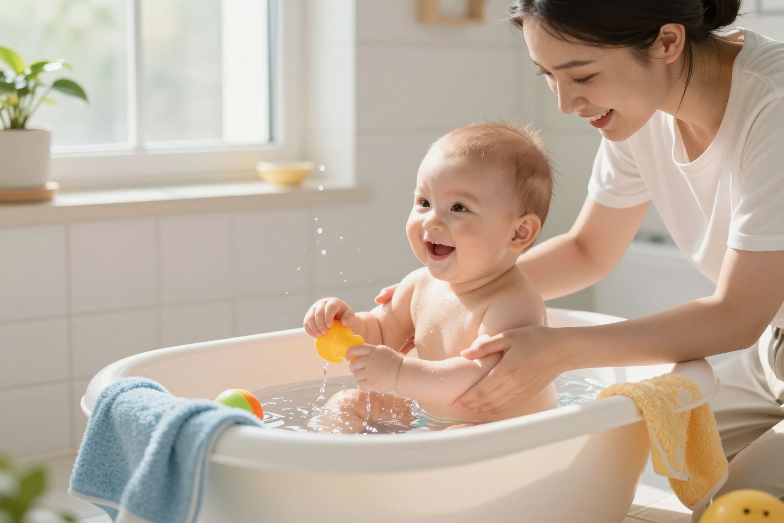 A magabiztos tartás segít a baba fürdetésében.