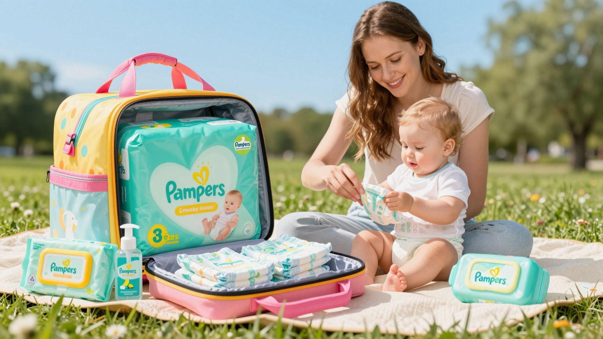 A pelenkázótáska alapvető elemei: pelenka, törlőkendő, zsebkendő.