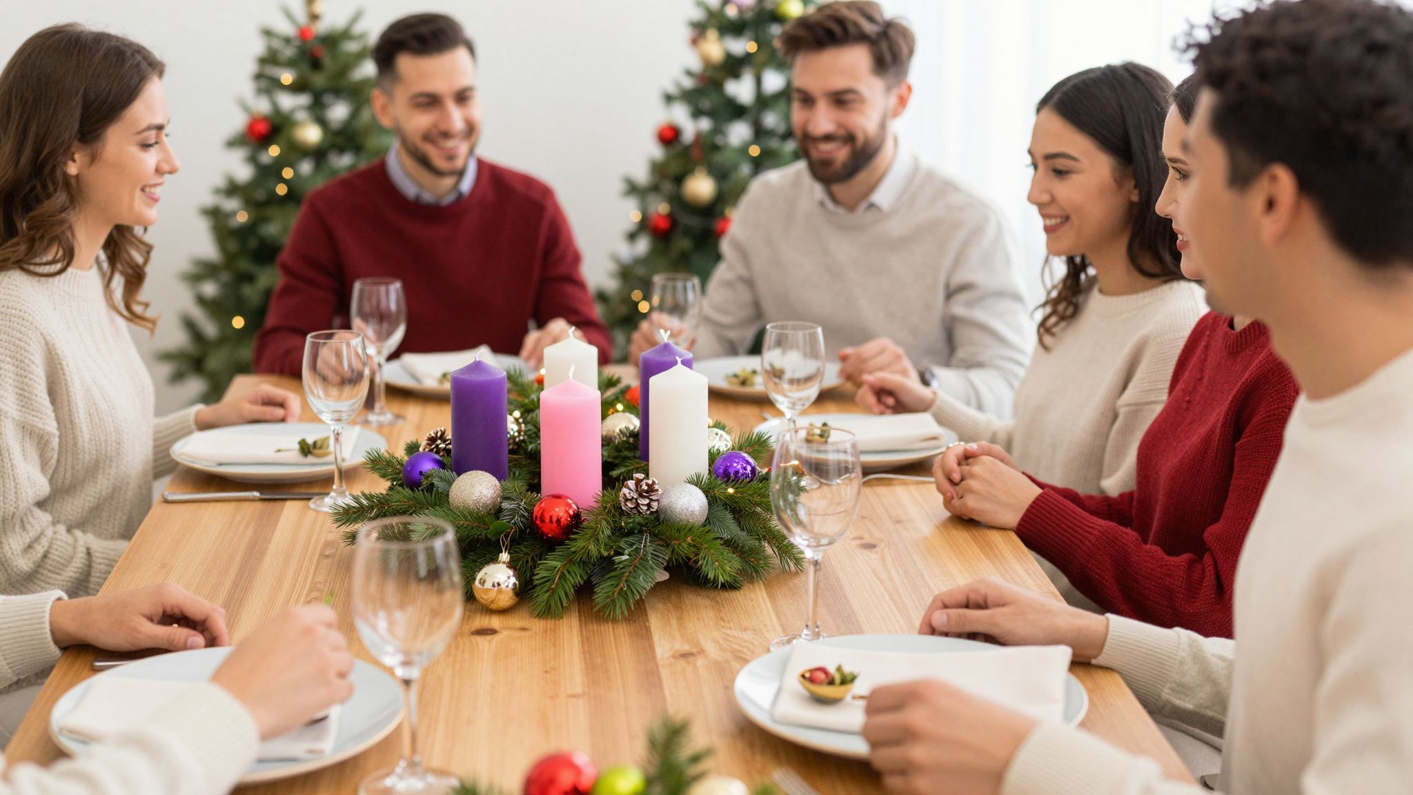 Az ünnepi asztal dekorációja biztonságos gyertyák használatával.