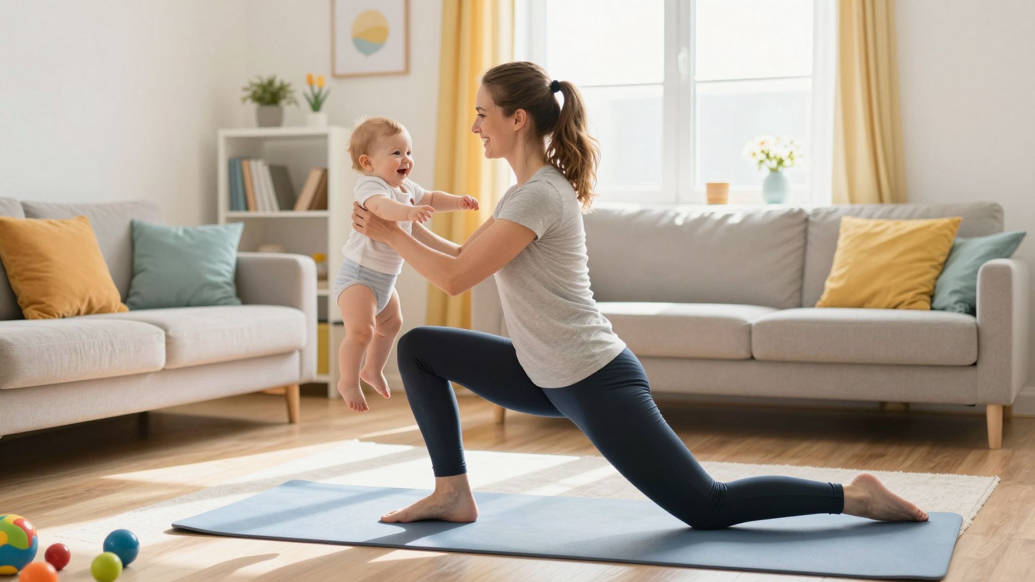 A babával végzett guggolás erősíti a lábizmokat.