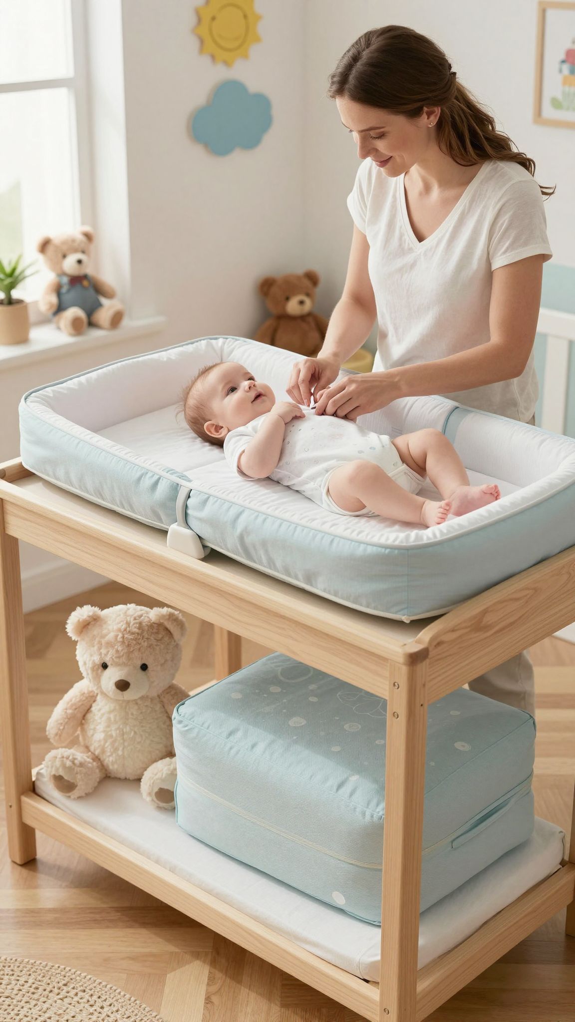 A pelenkázó alátét növeli a baba kényelmét otthon.