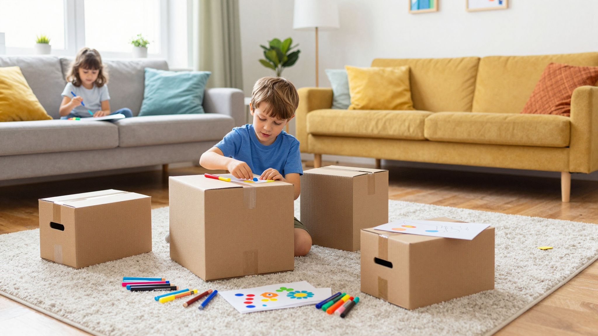 A kartondobozok kreatív játékok alapanyagai a gyerekeknek.