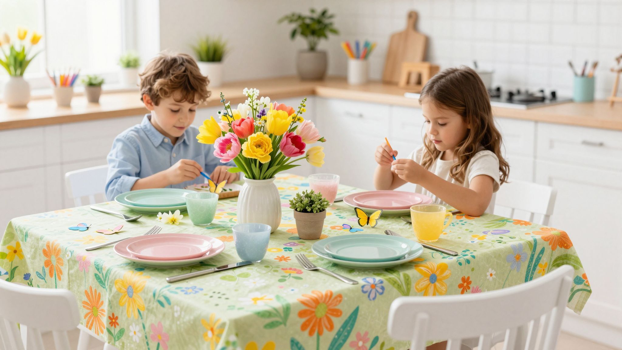 Virágzó asztal dekorációja színes tavaszi élményt nyújt.