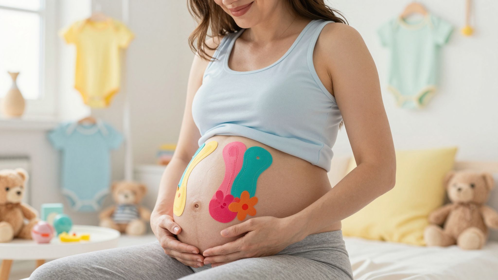 A kinesio-tape segít a terhességi hasfal támogatásában.