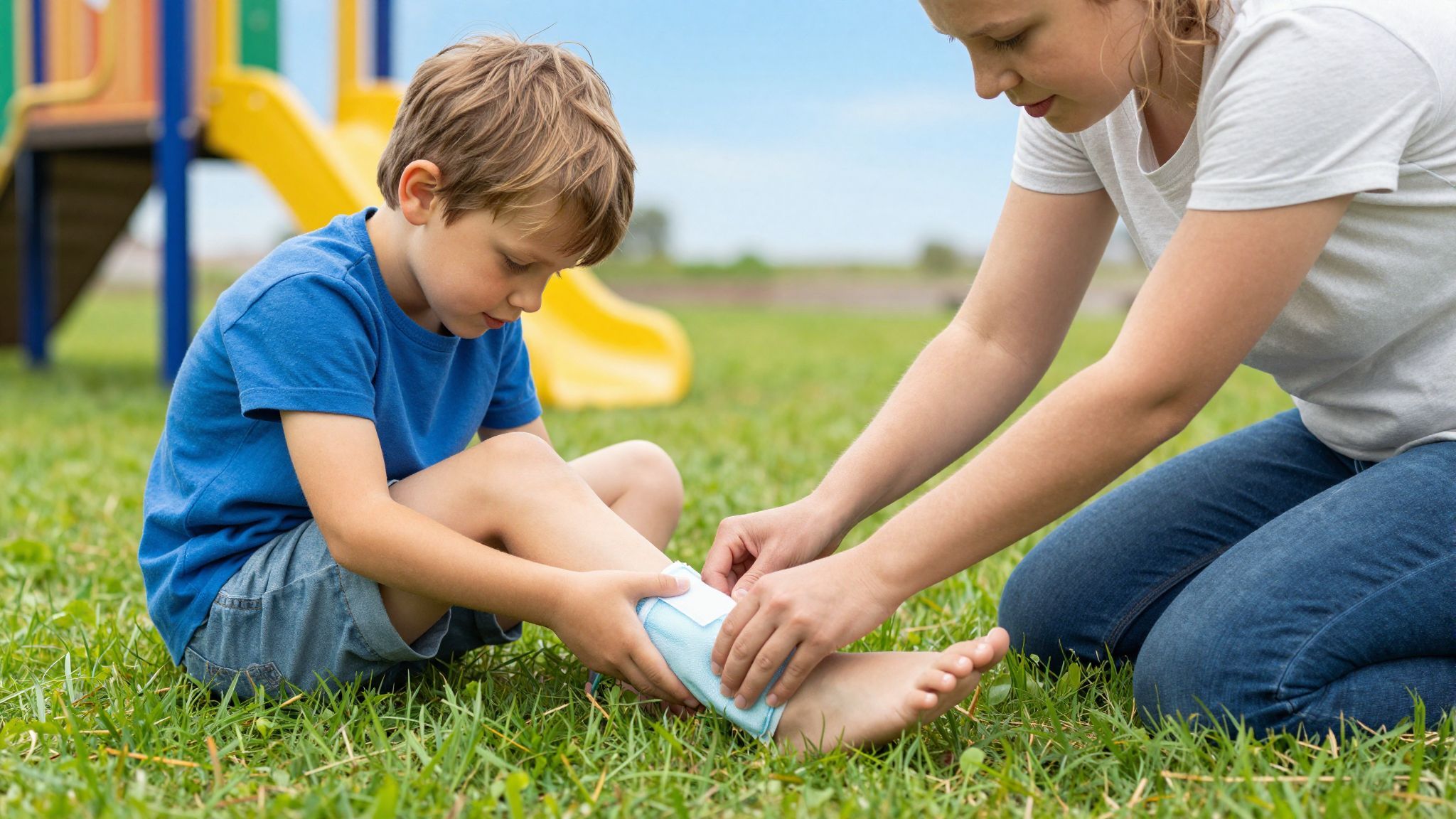 Elsősegély: nyugalom, jegelés, rögzítés, orvoshoz irányítás.