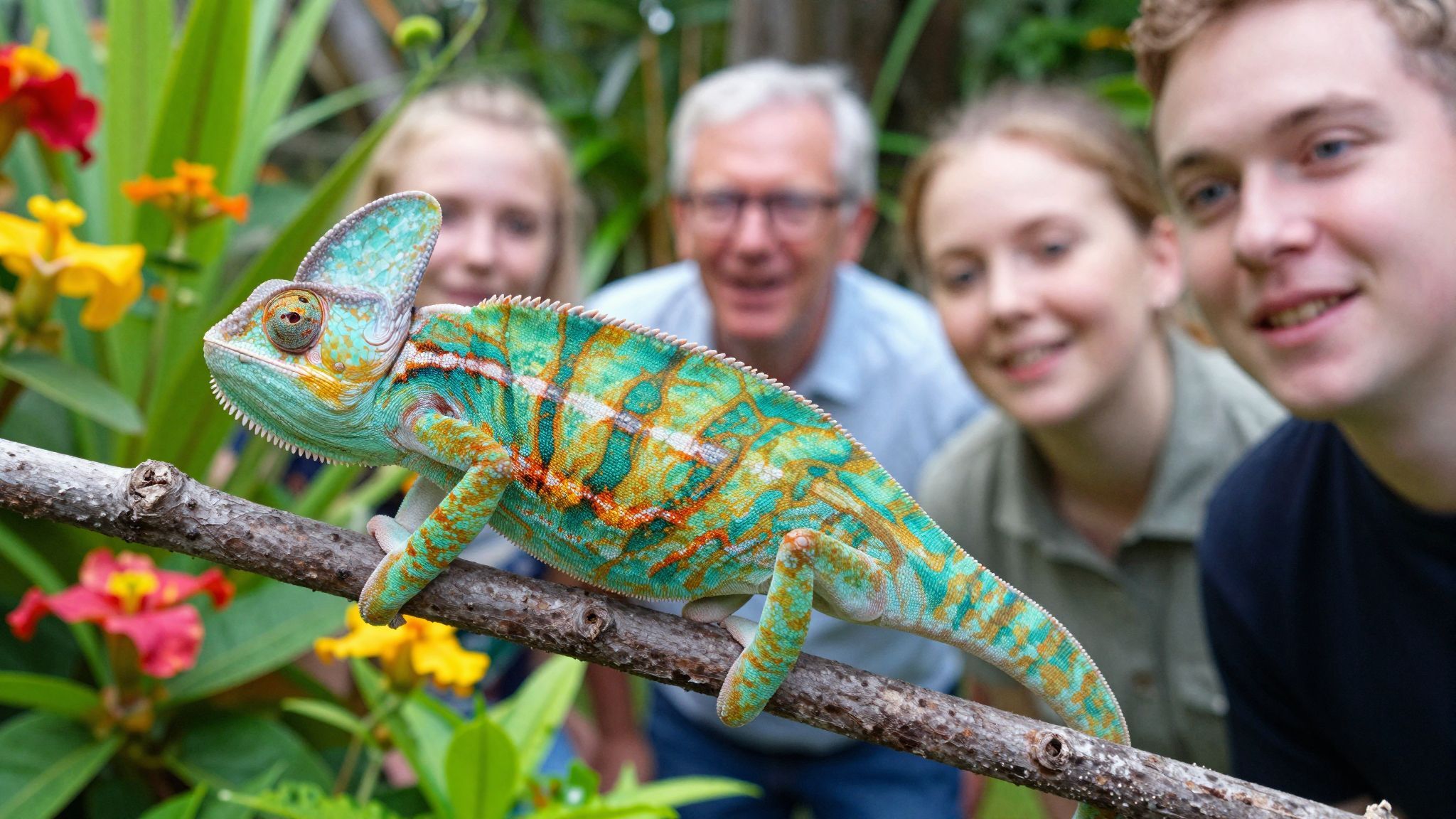A kaméleon színe a hangulatát tükrözi.
