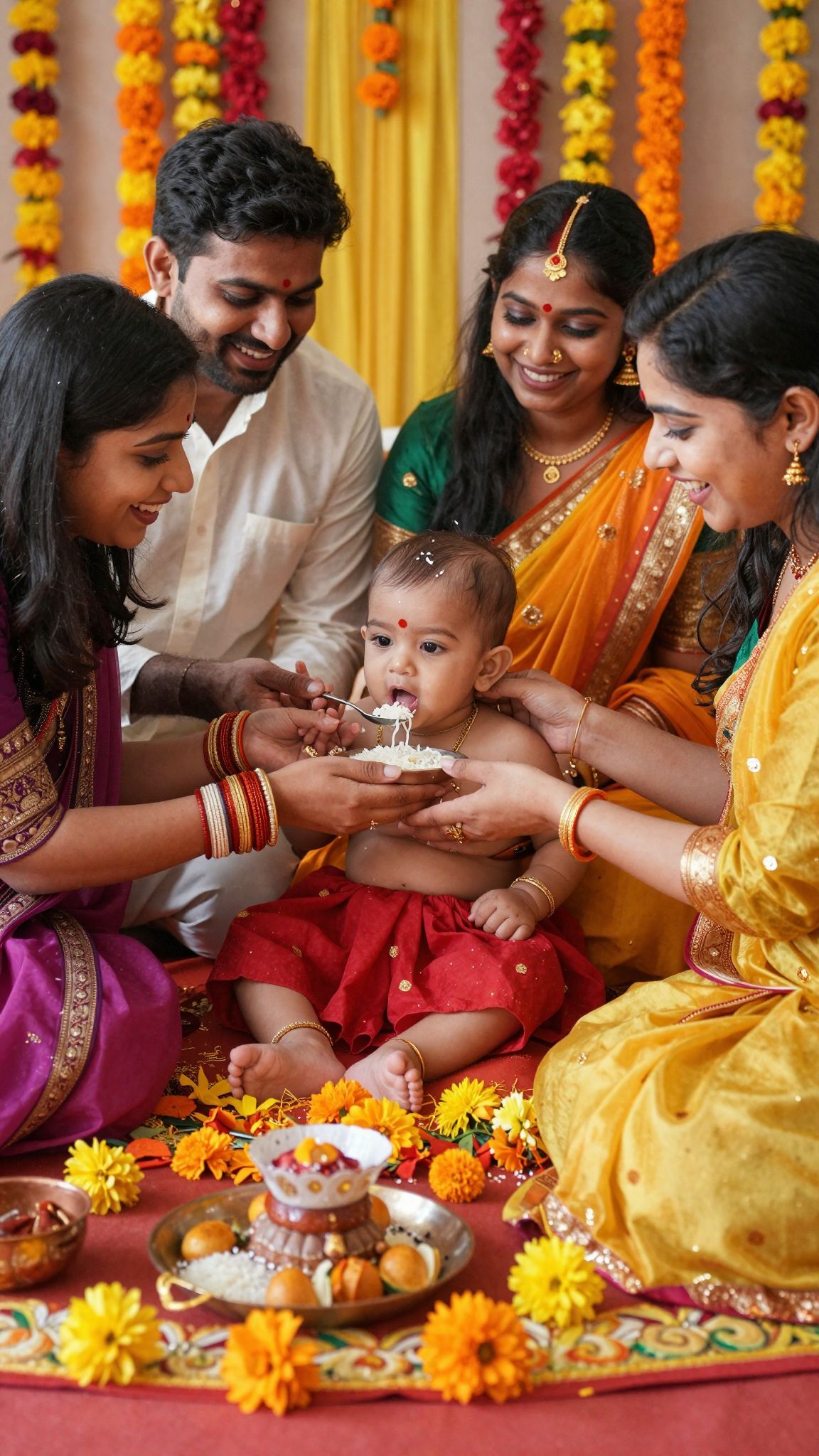 Az Annaprashana során először ízlelik meg a szilárd ételt.