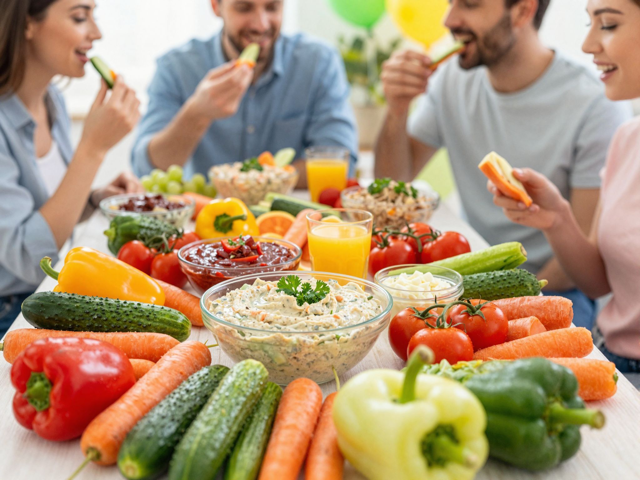 A zöldséges mártogatósok friss és egészséges vendégvárók.