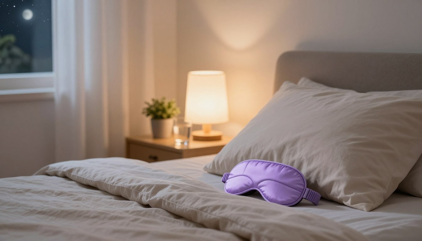 A serene bedroom environment emphasizing sleep hygiene essentials for quality rest. In the foreground, a neatly made bed with soft neutral-colored sheets, a plush pillow, and a soothing lavender eye mask. On a bedside table, a small potted plant and a glass of water create a calming atmosphere. The middle layer features a softly glowing nightstand lamp, casting warm, gentle light. In the background, light curtains filter in a faint glow from moonlight, enhancing the tranquil setting. The overall mood is peaceful and inviting, conveying a sense of relaxation. A hint of natural elements, like a window with a view of a starry night, adds to the restful ambiance, captured with a subtle depth of field to emphasize the foreground.