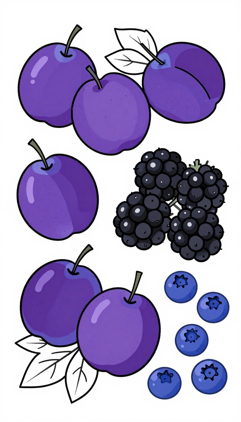 lila és kék gyümölcsös színező oldalak