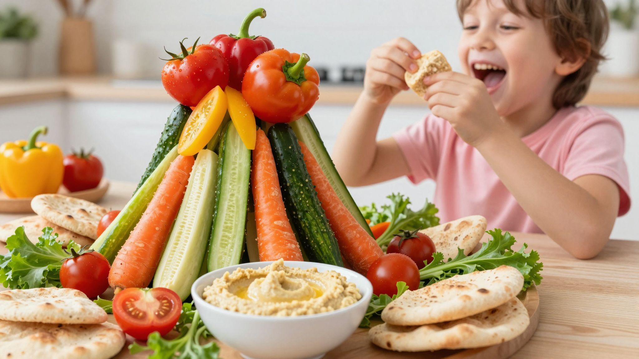 A hummusz íze feldobja a szivárványos zöldségeket.