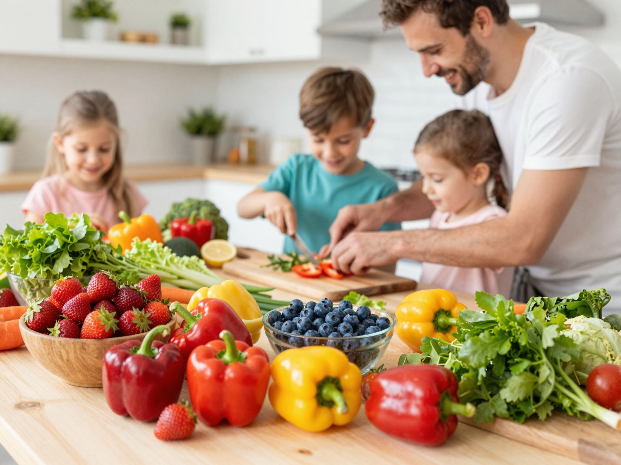 A friss szezonális gyümölcsök és zöldségek színes táplálékot adnak.