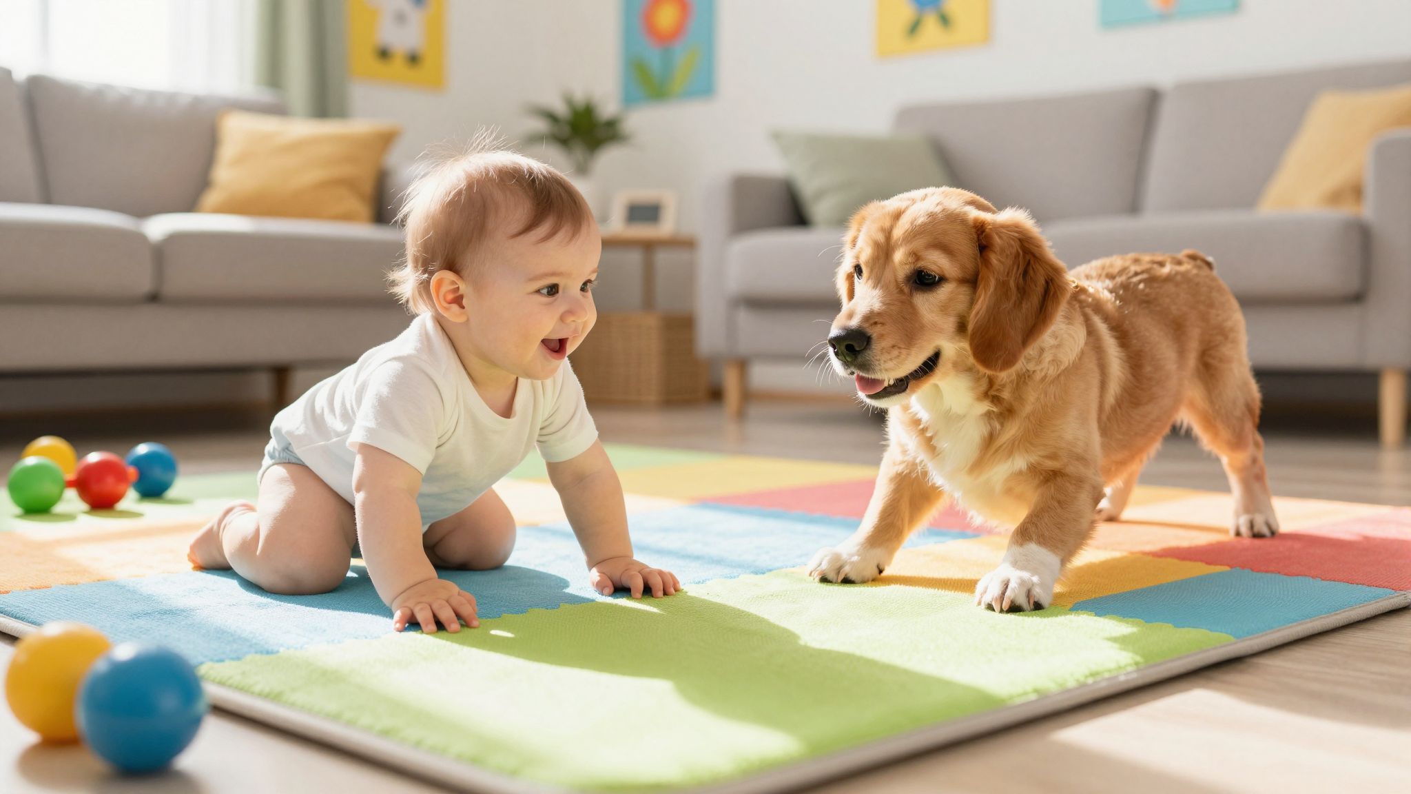 A kutyák segíthetik a baba mozgásfejlődését és bátorságát.