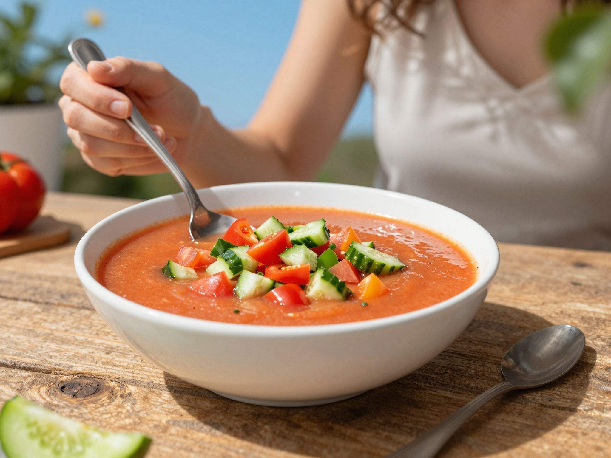 A gazpacho friss íze idézi a nyári napfényt.